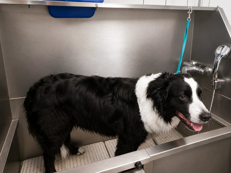 Border Collie steht beim Baden in der Wanne im Hundesalon Karlsruhe